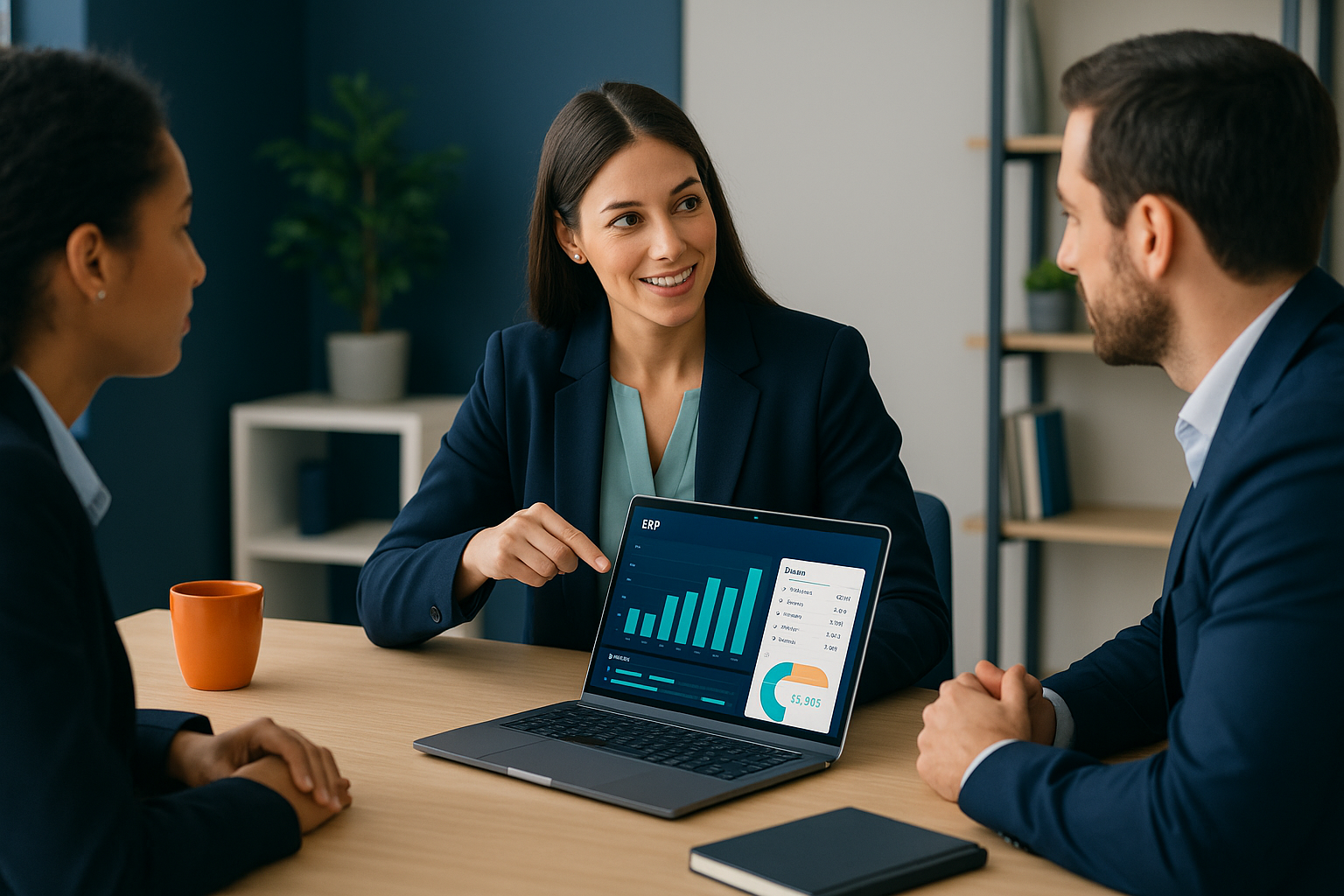 Profissionais analisando dashboard de ERP e indicadores de negócio